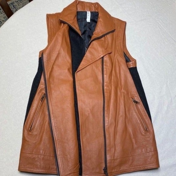 Mural Brown Leather & Wool Zip Up Vest Moto Jacket Small - Picture 11 of 12